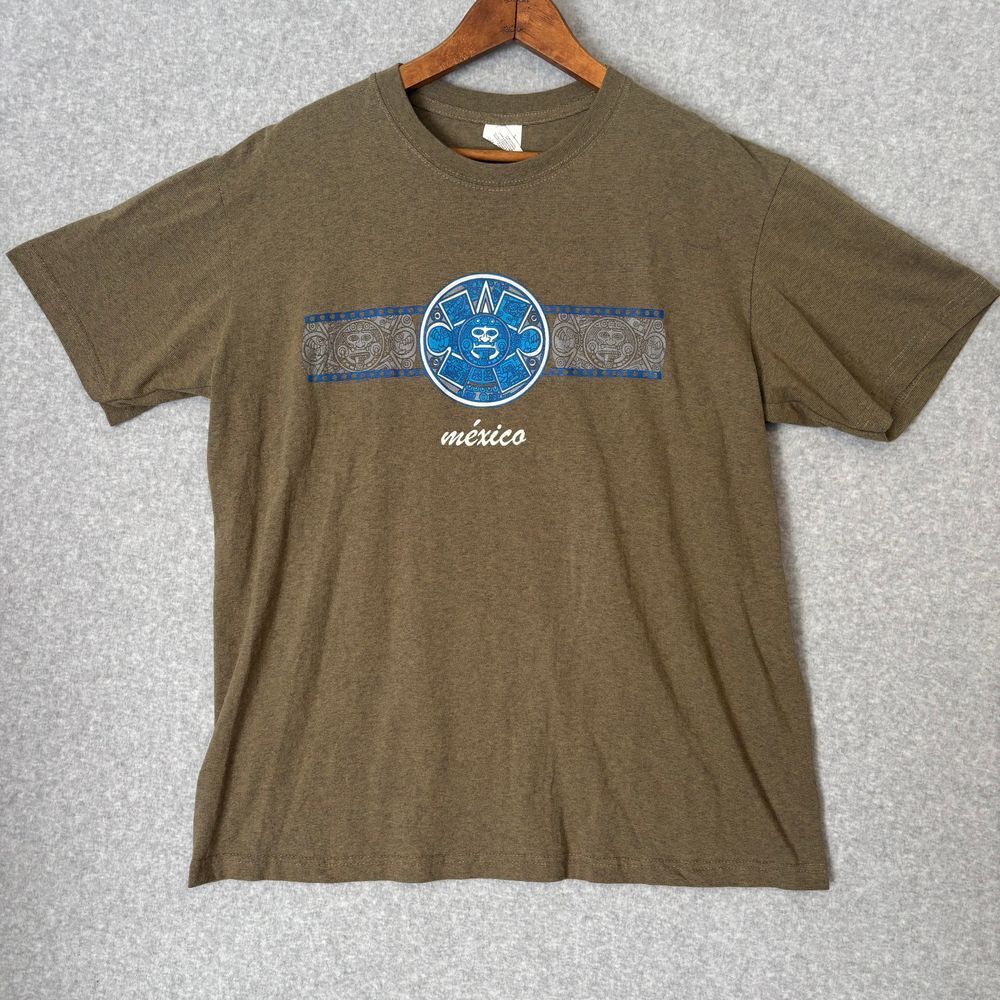 Vintage Mexico Aztec Sage Green Gray Striped T-Shirt Tee Short Sleeve Men's XL